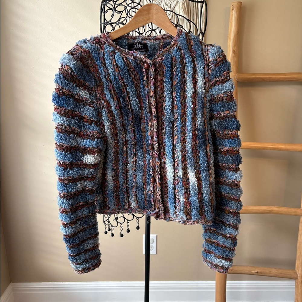 Vtg. 80s Unique Hand Knit Chunky Artful Ribbon Sweater in Wool/Cotton Striped